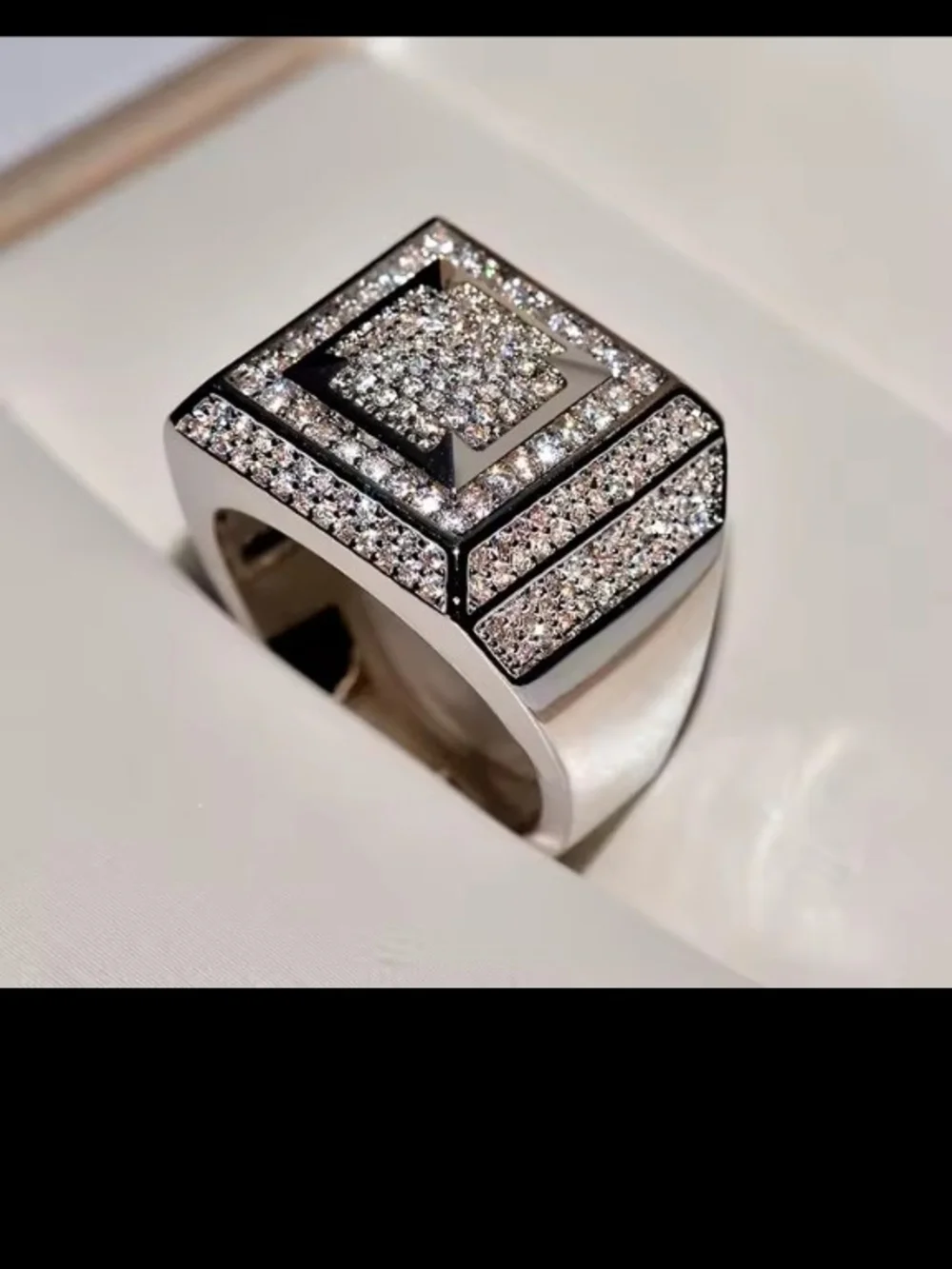 Men's Ring Size 8 Silver-Tone Pavé Square Statement Ring with Black Accents